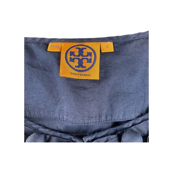 Tory Burch Navy Blue Sleeveless Pintuck Button Neck Top Size 12 - Picture 2 of 6